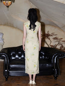 Apricot Embroidered Sleeveless Qipao Dress | Mandarin Collar Slim Maxi Cheongsam