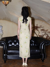 Apricot Embroidered Sleeveless Qipao Dress | Mandarin Collar Slim Maxi Cheongsam