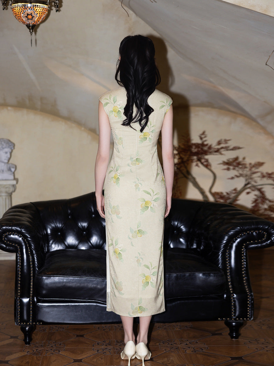 Apricot Embroidered Sleeveless Qipao Dress | Mandarin Collar Slim Maxi Cheongsam