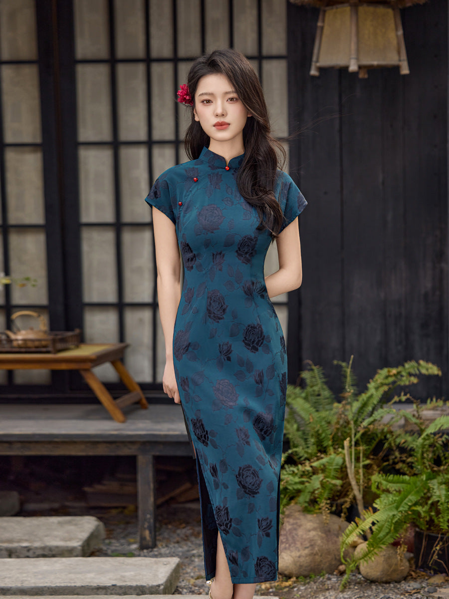 Teal Blue Rose Jacquard Short Sleeve Qipao Maxi Dress | Mandarin Collar Slim Slit Cheongsam