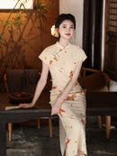 Playful Horse Print Qipao | Cream Vintage Chinese Cheongsam Midi Dress