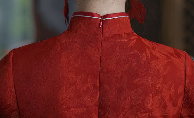 Red Jacquard Qipao Dress | Mandarin Collar, Asymmetric Frog Buttons | Slim Silhouette with Side Slit
