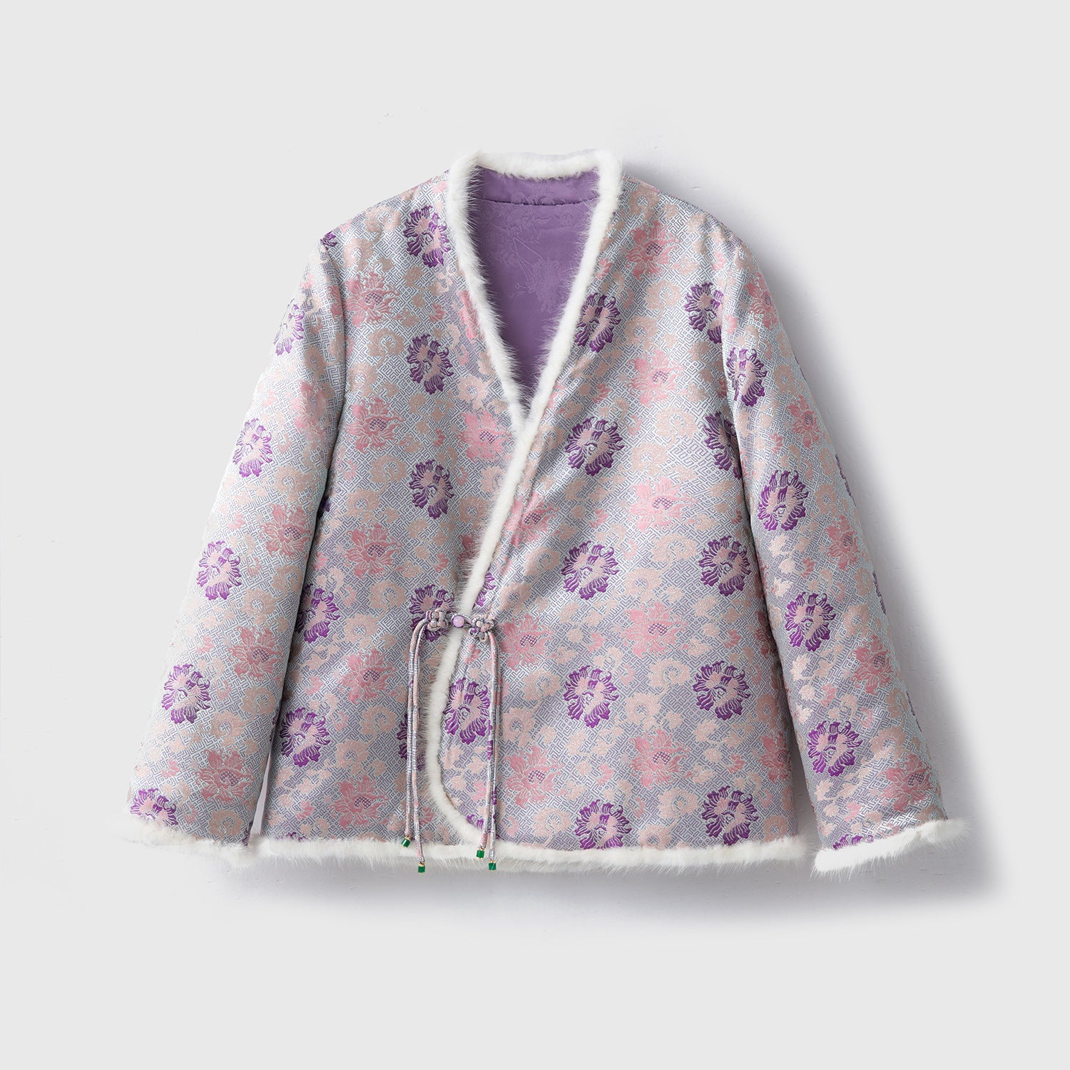 Silk Kimono Jacket with Fur Trim - Traditional Chinese Style Robe