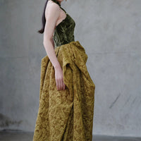 Dark Green Vintage Jacquard Dress Set | Gold Brown Banquet Look