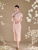 Pink Lace-Trim Qipao Midi Dress | Mandarin Collar Slim Cheongsam with Side Slit