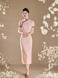Pink Lace-Trim Qipao Midi Dress | Mandarin Collar Slim Cheongsam with Side Slit