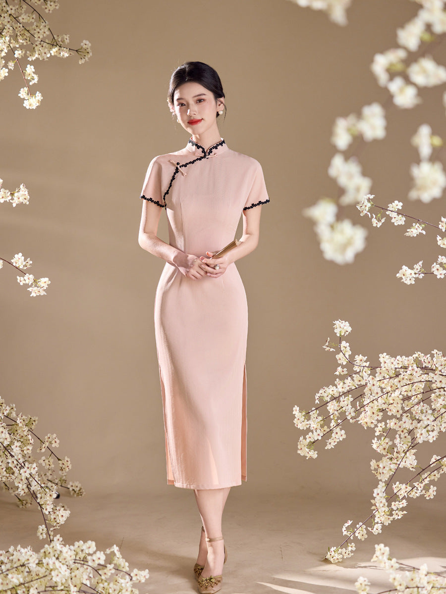 Pink Lace-Trim Qipao Midi Dress | Mandarin Collar Slim Cheongsam with Side Slit