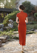 Vintage Brick-Red Slim Cheongsam | Mandarin Collar Diagonal Placket Frog Buttons