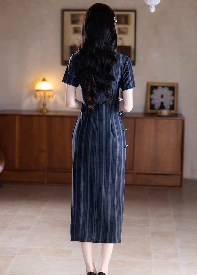 Navy Striped Qipao | Mandarin Collar Slim Midi Dress