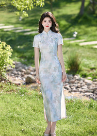 Fresh Watercolor Floral Qipao Long Dress | Short-Sleeve Slim Fit