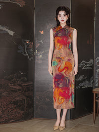 Retro Orange Sleeveless Qipao Dress | Mandarin Collar Slim Midi Cheongsam