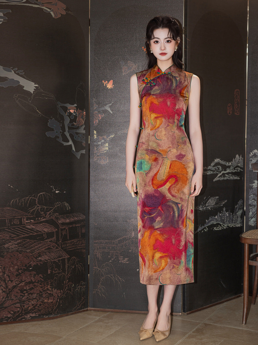 Retro Orange Sleeveless Qipao Dress | Mandarin Collar Slim Midi Cheongsam