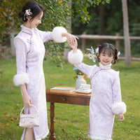 Mother & Daughter Matching Winter Cheongsam Set – Elegant Fur Trimmed Hanfu Dress