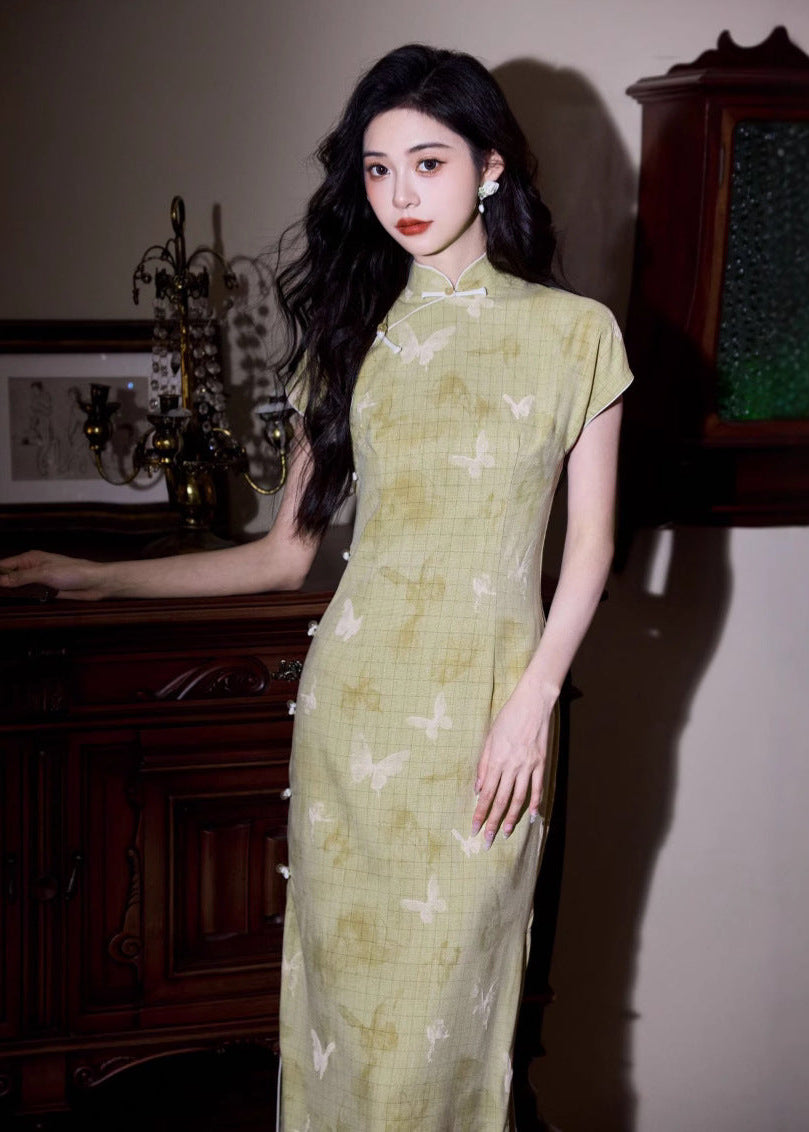 Butterfly Print Modern Qipao Maxi | Mandarin Collar & Frog Buttons