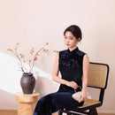 Navy Velvet Sleeveless Long Qipao Dress | Mandarin Collar Slim Side Slit Vintage Gown