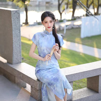 Blue Ink-Shadow Print Sleeveless Qipao Dress | Mandarin Collar Slim Maxi Cheongsam