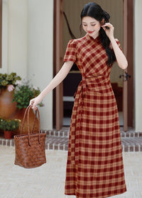 Red Check Modern Chinese Qipao Dress | Picnic & Day Trip Ready