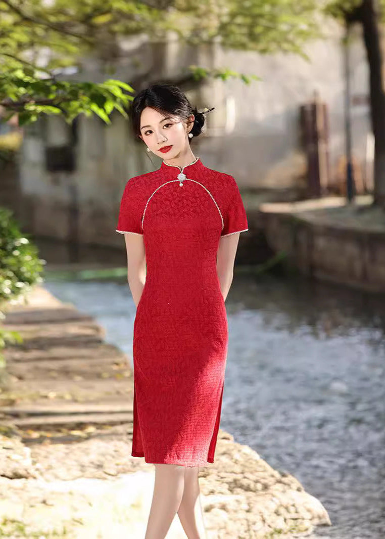 Vintage Red Lace Qipao Dress | Pearl Trim Mandarin Collar Slim Midi Cheongsam