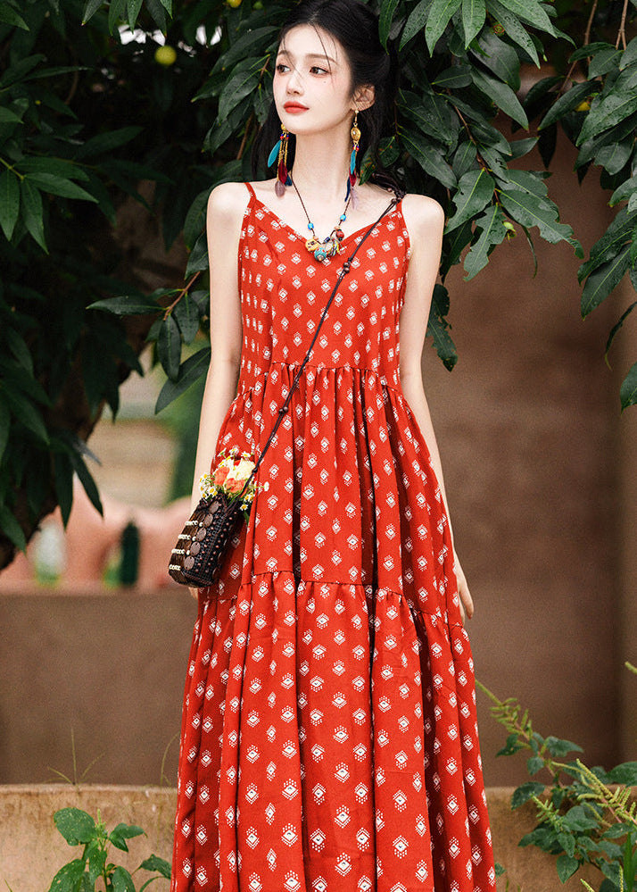 Red Bohemian Printed Cami Dress | V-Neck Spaghetti Straps | Tiered A-Line Maxi for Resort & Beach