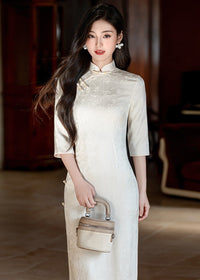 Ivory Jacquard Qipao Midi | Mandarin Collar 3/4 Sleeves, Slim Fit