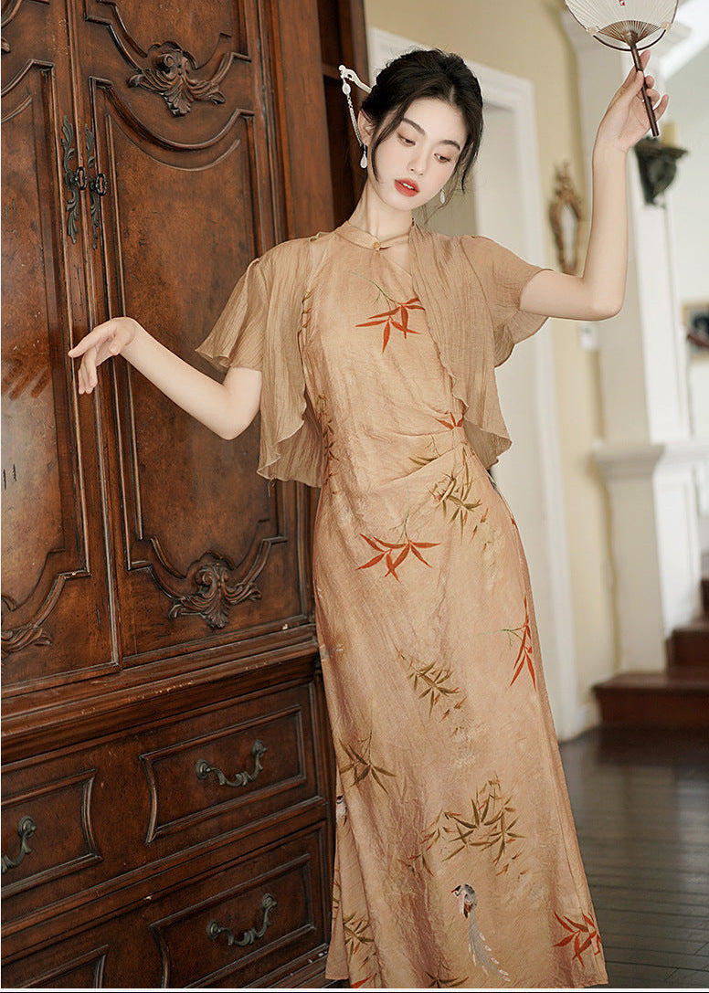 Champagne Apricot Bamboo Print Qipao Dress | Cape Sleeve Mandarin Collar Frog Button Slim Maxi