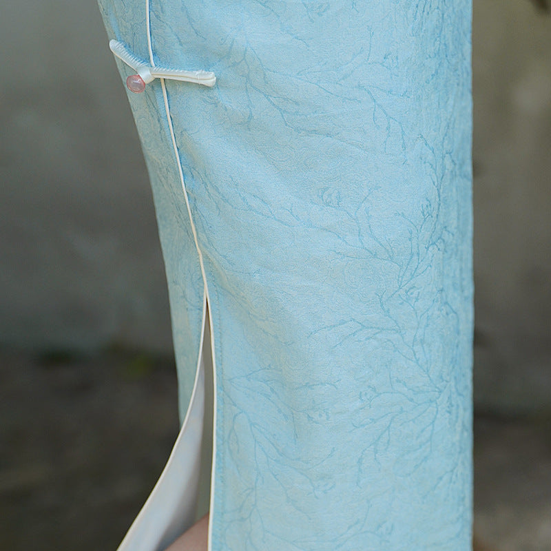 Aqua Jacquard Modern Qipao Maxi | Mandarin Neck with Floral Frog Buttons