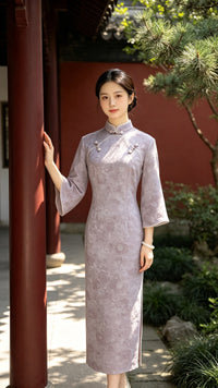 Purple Velvet Petal Sleeve Qipao Dress | Slim Mandarin Maxi