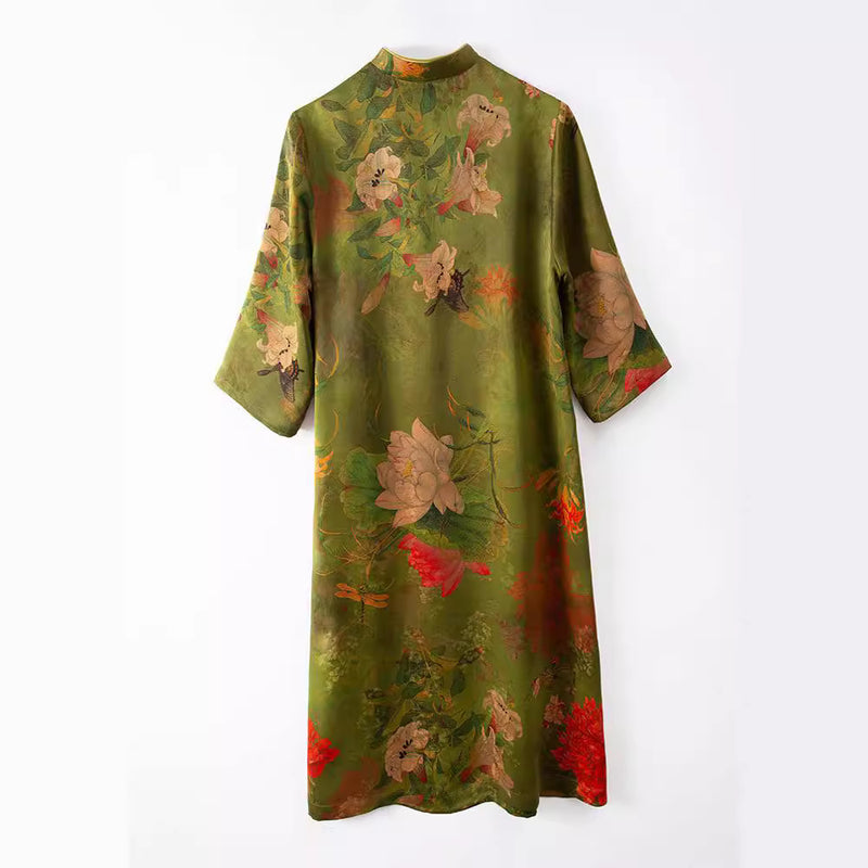 Satin Silk Chinese Vintage Qipao Dress | Mulberry Silk Floral Dress