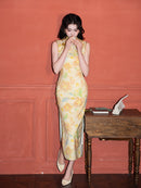 Yellow Vintage Floral Sleeveless Qipao Dress | Mandarin Collar Slim Midi Cheongsam