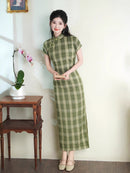 Spring TR Plaid Qipao Maxi Dress | Slim Vintage Chic