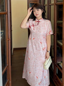 Pink Koi Print New Chinese Style Qipao Dress Plus Size Blush Colour | Mandarin Collar Frog Buttons Side Slit Long Cheongsam