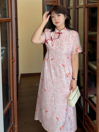 Pink Koi Print New Chinese Style Qipao Dress Plus Size Blush Colour | Mandarin Collar Frog Buttons Side Slit Long Cheongsam