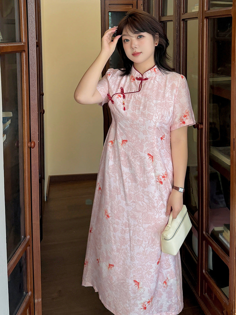 Pink Koi Print New Chinese Style Qipao Dress Plus Size Blush Colour | Mandarin Collar Frog Buttons Side Slit Long Cheongsam