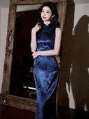 Navy Blue Butterfly Jacquard Satin Qipao Dress Modern Chinese Sleeveless Mandarin Collar Evening Gown