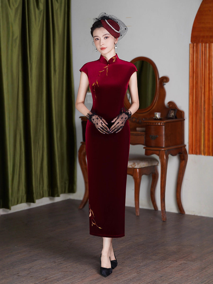 Burgundy Vintage Qipao Dress | Slim Long Silhouette