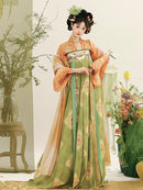 Elegant Hanfu Dress with Floral Design and Pleated Skirt for Women – Green & Orange Color Combination