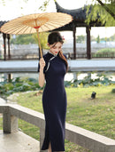 Navy Minimalist Short Sleeve Qipao Dress | Mandarin Collar Slim Maxi Cheongsam
