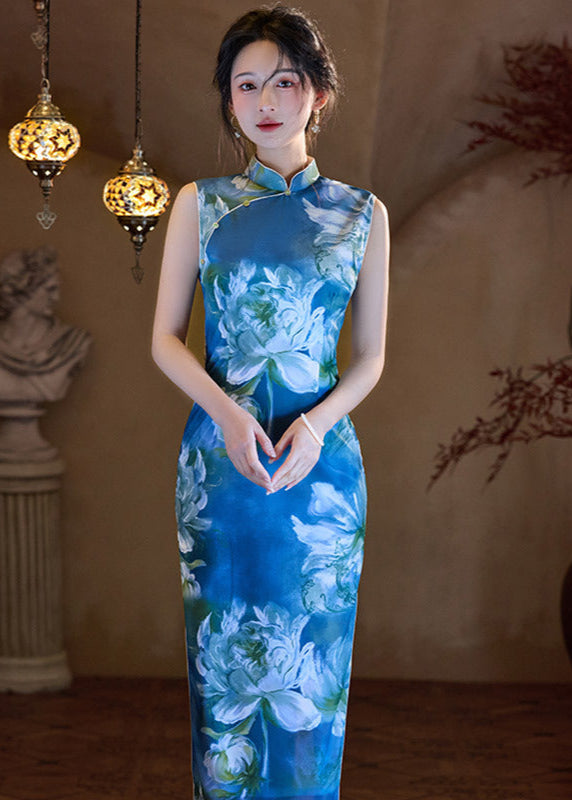 Sleeveless Long Slim Qipao Dress | Summer Ink-Style Floral