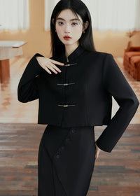 Black Modern Tang Suit Set | Mandarin-Collar Jacket & Slit Maxi Skirt for Early Spring