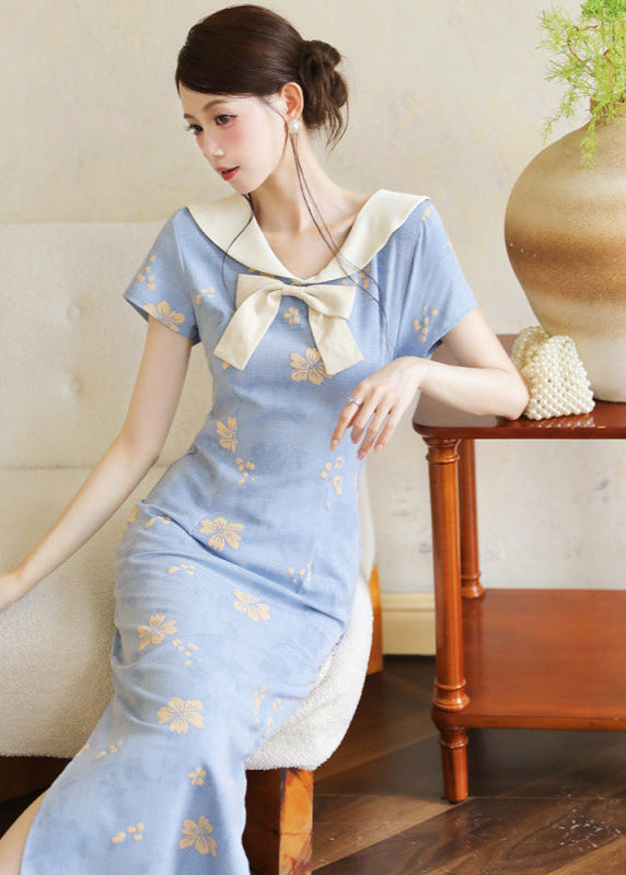 Blue Sailor Bow Qipao Dress | Slim Side-Slit, Retro Chic
