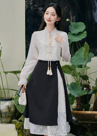 Modern Chinese Two-Piece Set | Tassel Frog-Button Blouse & Layered Wrap Skirt