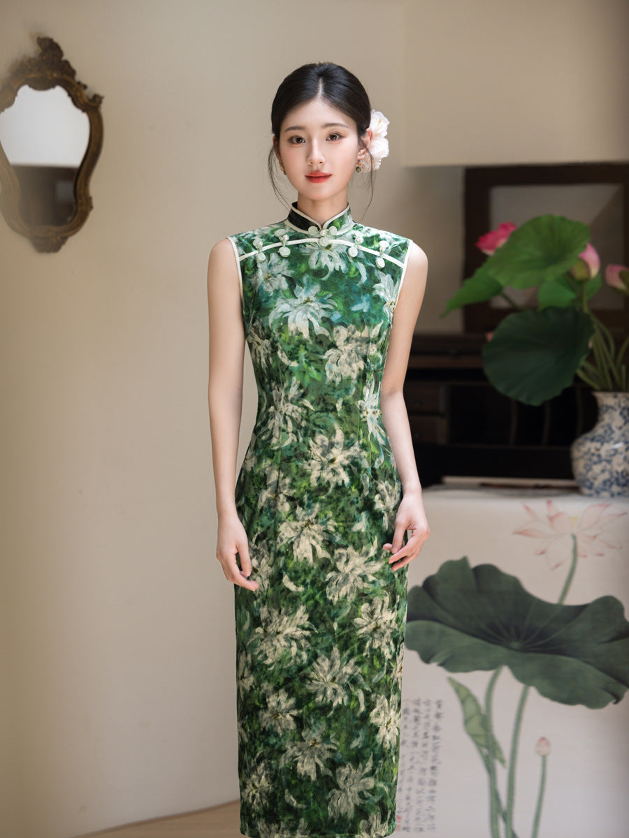Vintage Green Sleeveless Qipao Long Dress
