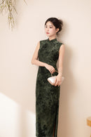Forest Green Jacquard Sleeveless Qipao Dress | Mandarin Collar Slim Maxi Cheongsam