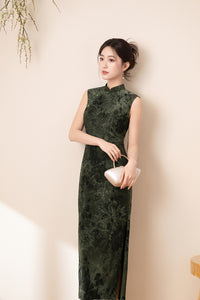 Forest Green Jacquard Sleeveless Qipao Dress | Mandarin Collar Slim Maxi Cheongsam