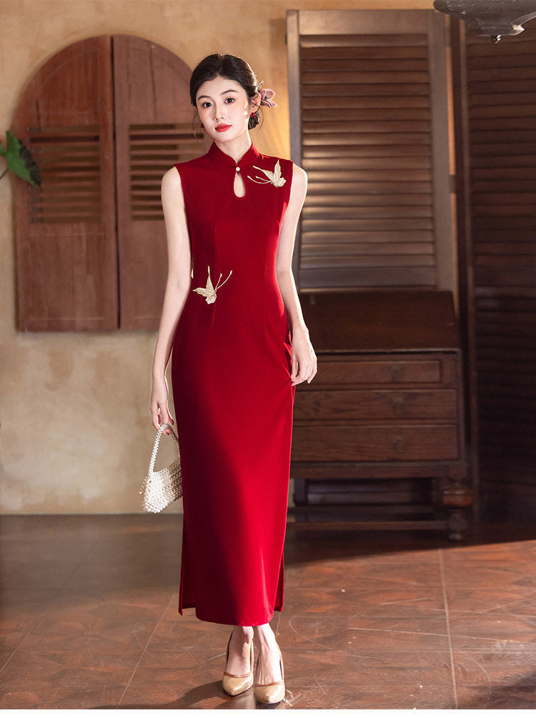Red Butterfly Embroidered Qipao Gown | Mandarin Collar Slim Fit Dress, Elegant Design