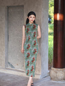 Green Rose Floral Print Sleeveless Mesh Qipao Dress|Slim Mandarin Midi Cheongsam