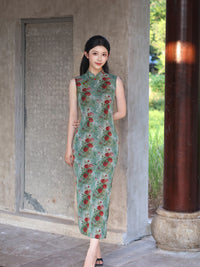 Green Rose Floral Print Sleeveless Mesh Qipao Dress|Slim Mandarin Midi Cheongsam