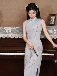 Dusty Grey Lilac Floral Jacquard Sleeveless Qipao Dress | Slim Mandarin Collar Cheongsam Midi for Tea Party