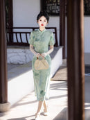 Long Double-Jacquard Cheongsam | Modern Short-Sleeve Mandarin Dress