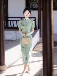 Long Double-Jacquard Cheongsam | Modern Short-Sleeve Mandarin Dress